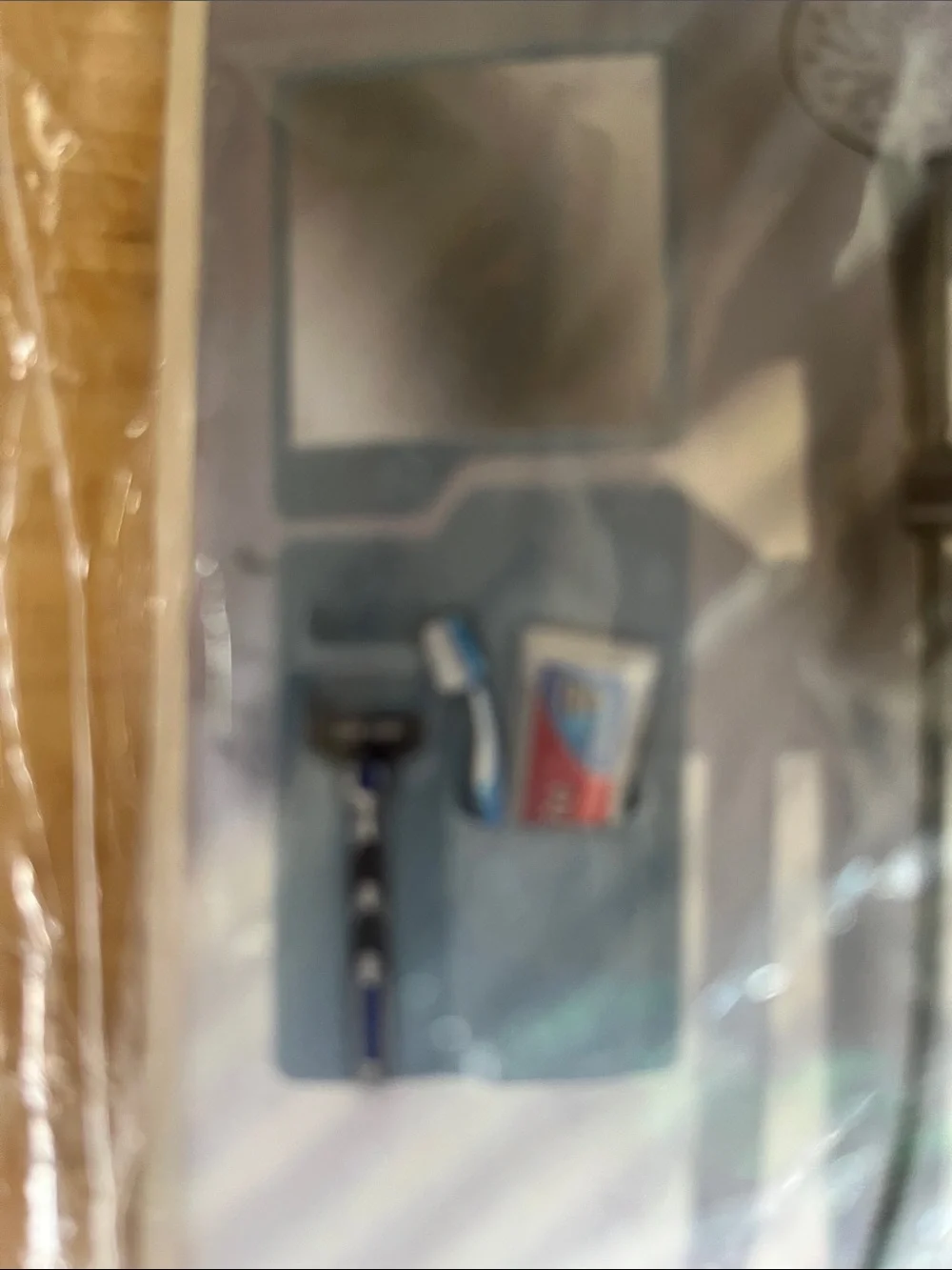 No-Brand Light Blue Stick-On Mirror & Shower Caddy Organizer